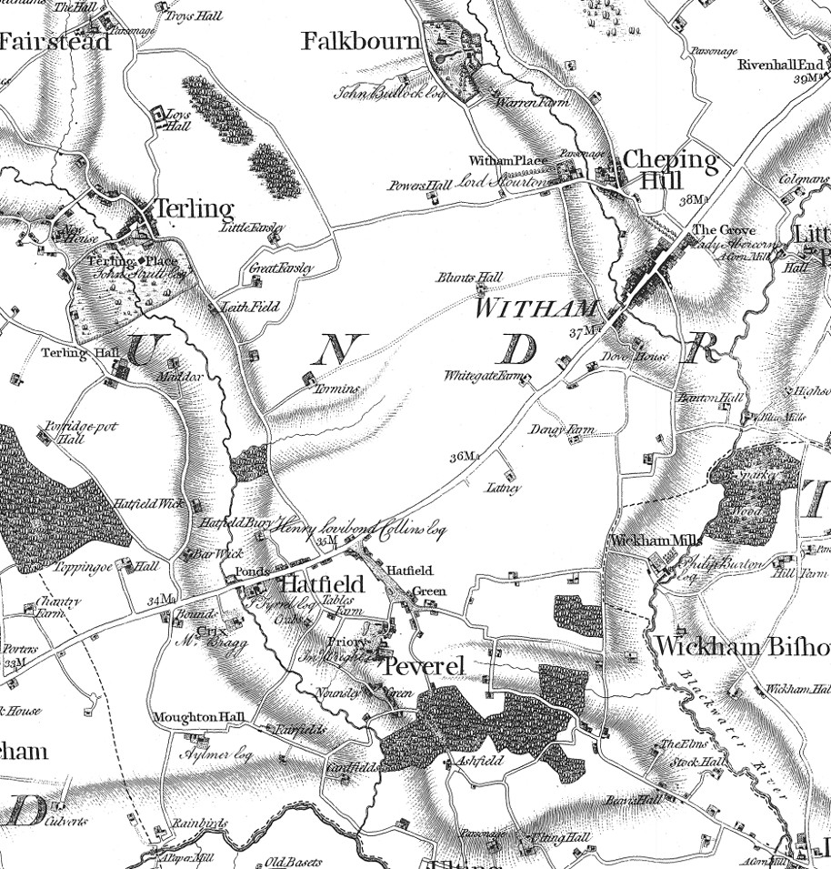 An extract from the original 1777 Essex map including Witham and Hatfield Peverel