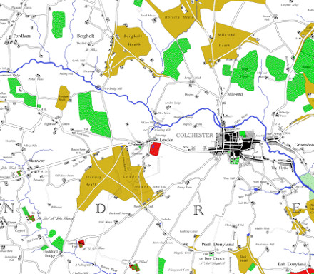 An extract from the redrawn map including Fordham, Bergholt and Colchester