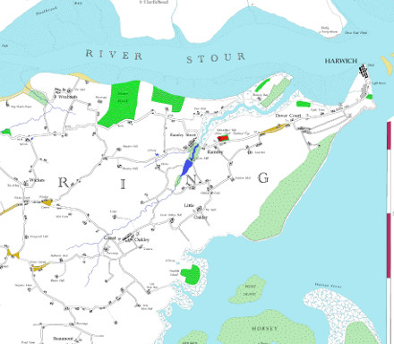 An extract from the redrawn map including Harwich, Great Oakley and Horsey Island